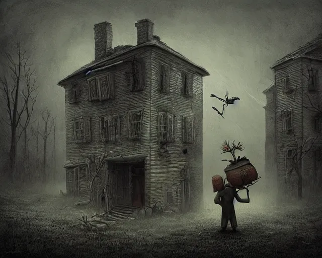 Image similar to a painting of an eerie small village where bizarre otherworldly creatures are walking around going about their day, by anton semenov