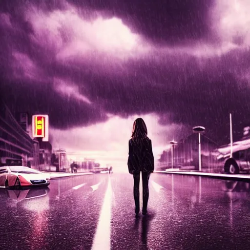 Prompt: dark neon city urban rainy low angle a single female in the center of the frame looking to the cloudy sky futuristic environment flying cars highly realistic