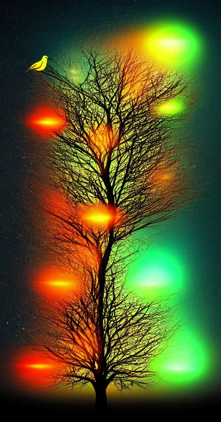 Prompt: highly detailed realistic photo of birds glowing on tree at dark night, vibrant colors, award winning masterpiece photography, hyper realistic, concept art, 8 k detail post - processing