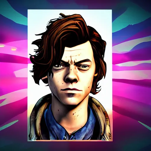 Image similar to harry styles portrait, borderlands, tales from the borderlands, the wolf among us, comic, cinematic lighting, studio quality, 8 k