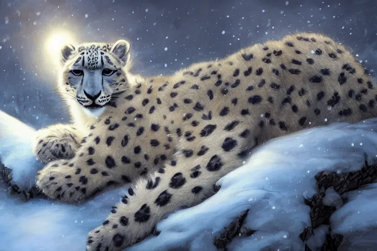Image similar to Snow leopard on a beautiful fantasy landscape, mountainside, winter, moonlit, HD, illustration, epic, D&D, fantasy, intricate, elegant, highly detailed, digital painting, artstation, concept art, smooth, sharp focus, illustration, wallpaper, art by artgerm and greg rutkowski and alphonse mucha and jin xiaodi