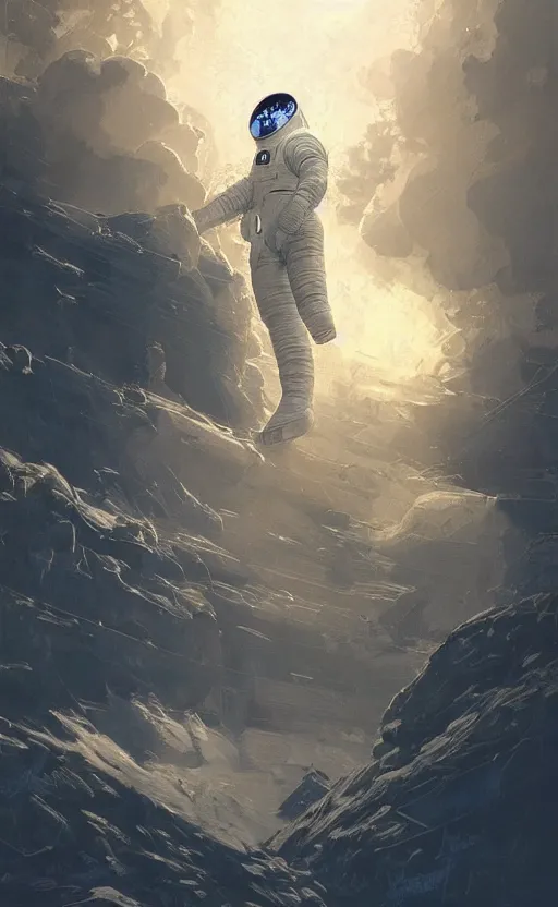 Prompt: a beautiful artwork illustration, concept art sketch of an astronaut in white futuristic cybernetic armor looking at a shining blue cube, volumetric fog, godrays, high contrast, vibrant colors, vivid colors, high saturation, by Greg Rutkowski and Jesper Ejsing and Raymond Swanland and alena aenami, featured on artstation, wide angle, vertical orientation
