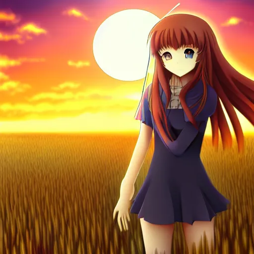 Image similar to anime illustration of Holo from Spice and Wolf standing in a wheat field at sunset, Holo is a wolf girl, high detail, trending on pixiv