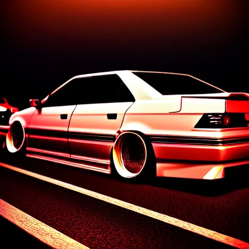 Image similar to a car JZX100 twin-turbo at illegal car meet, Saitama prefecture, city sunset mist neon lights, cinematic color, photorealistic, highly detailed, 200MM