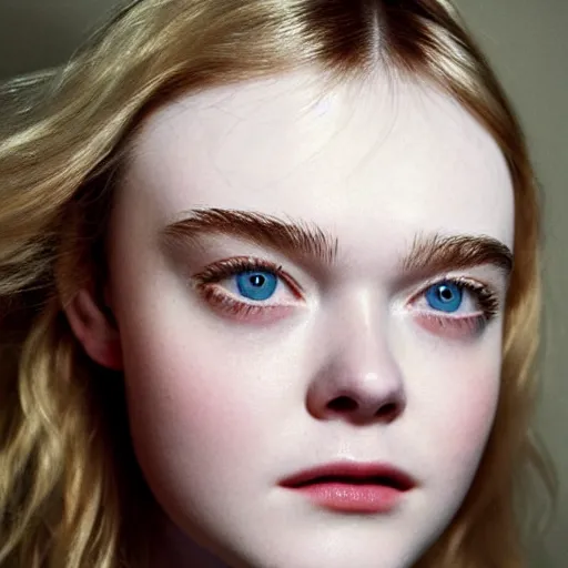 Prompt: A masterpiece head and shoulders portrait of Elle Fanning by James Hoff