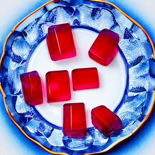 Prompt: cubes of translucent red jelly on a blue and white intricately decorated china plate lit by bright god rays, hyper realistic, 8k, octane render, glistening, shimmering, raycasting, refraction, award winning digital art, masterpiece