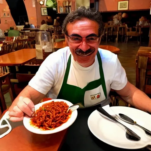 Prompt: Luigi at the restaurant with a plate of bolognese spaghetti