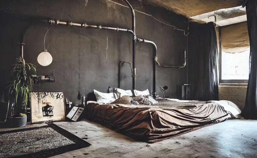 Image similar to saudi arabian bedroom interior, minimalism, punk, bed, neon, modernism, persian design, beige, black, wood, industrial, pipes, rust, little windows, plants, retro futurism, swedish design