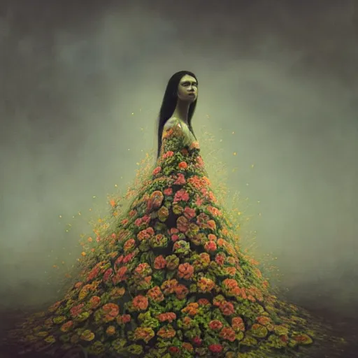 Prompt: A Black background portrait of An angel in a dress made of flowers by Zdzisław Beksiński and Greg Rutkowski and Yoshitaka Amano,In style of digital illustration art,Rembrandt lighting,Ray tracing,hyper detailed,sharp focus,Soft light.4k