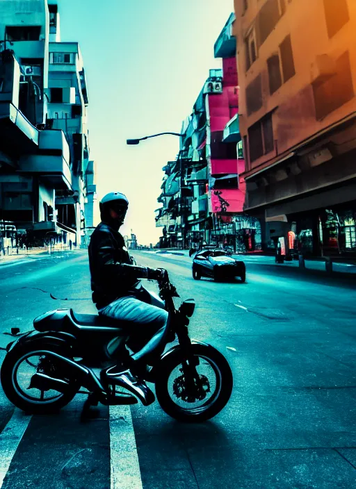 Prompt: photo of a man sitting happily on his motorcycle on a street in a cyberpunk city, the sky is a turquoise blue with beautiful white fluffy clouds, hyper realism volumetric lighting sony a 7 i camera