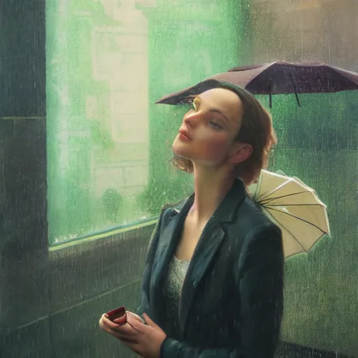 Image similar to detailed portrait of a woman, moment, cyberpunk cloisters, electronic billboards, tech noir, wet reflections, atmospheric, ambient, livia prima, greg rutkowski, wlop, george tooker, gil elvgren, grant wood, alexis flower, hopper, mucha, whistler, norman rockwell, peter max,