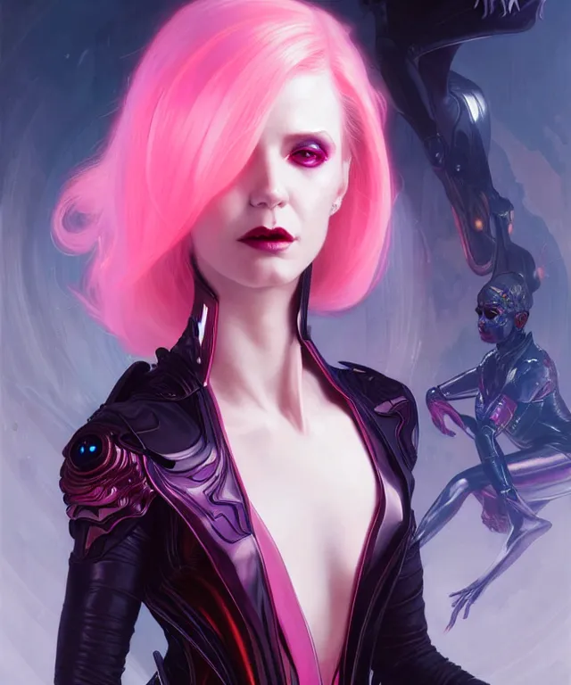 Prompt: futuristic vampire portrait, sci-fi, fire eyes, face, short pink hair, fantasy, intricate, elegant, highly detailed, digital painting, artstation, concept art, smooth, sharp focus, illustration, art by artgerm and greg rutkowski and alphonse mucha