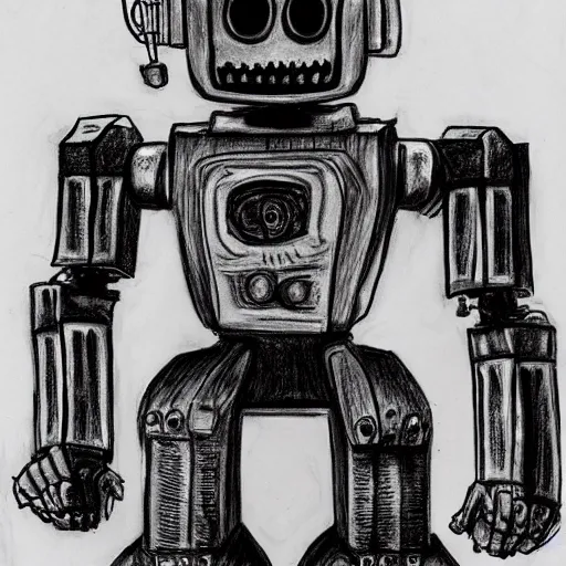 Image similar to a scary horror themed robot, drawn with charcoal and pen and ink