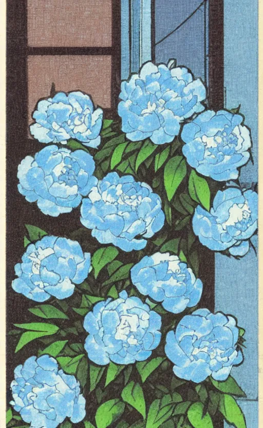 Image similar to by akio watanabe, manga art, light blue peony outside window, trading card front