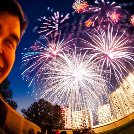 Prompt: Fisheye lens photograph taken 1 inch from a handsome man's face as he smiles widely fireworks in the background