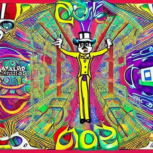 Prompt: the monopoly man dmt psychedelic art