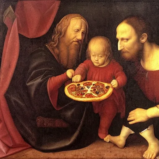 Prompt: a renaissance materpiece painting of a man and his son eating pizza and watching television, leonardo da vinci