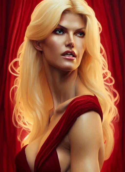 Image similar to portrait of victoria silvstedt as a sultry lady, collar, jewelry, greek, ruby, intricate, headshot, highly detailed, digital painting, artstation, concept art, sharp focus, cinematic lighting, illustration, art by artgerm and greg rutkowski, alphonse mucha, cgsociety