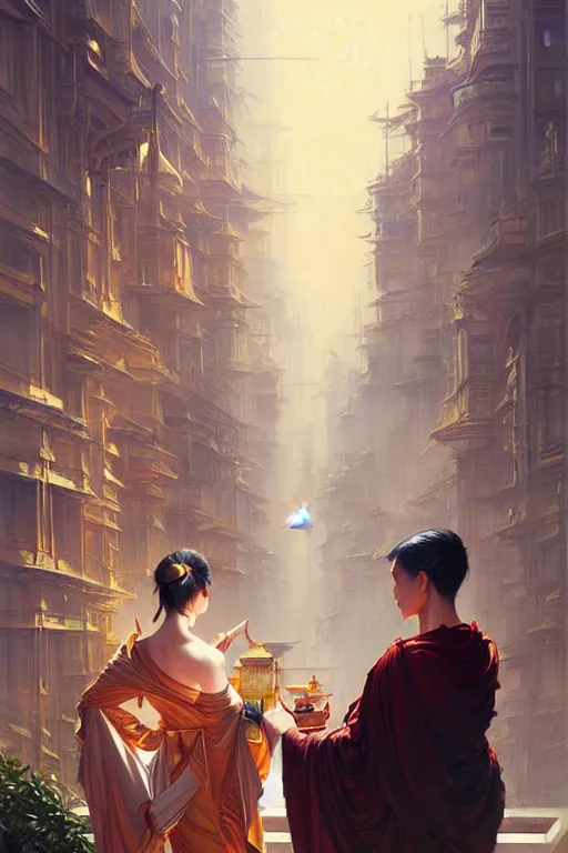 Image similar to city, buddhism, taoism, painting by greg rutkowski, j. c. leyendecker, artgerm