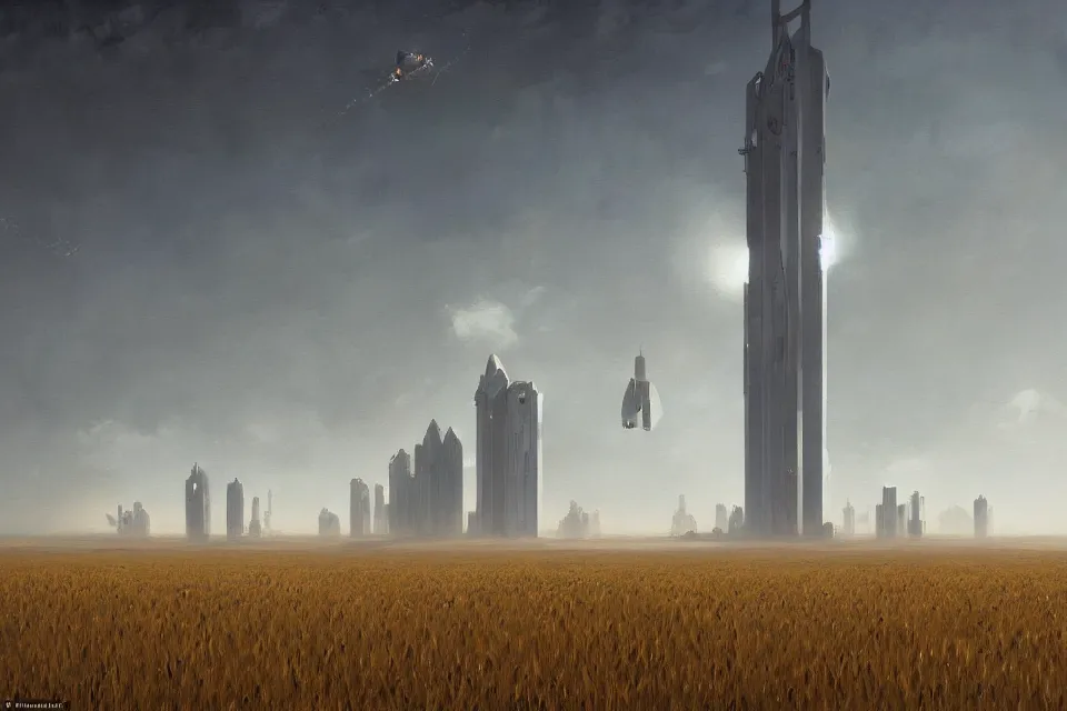 Prompt: sci-fi painting of many skyscraper in distant mirage, on the vast wheat fields, only one humanoid robot on the ground, by greg rutkowski, godrays, detailed