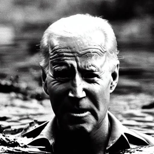 Image similar to film still, close up, joe biden rising out of muddy vietnam river, face covered in mud, low camera angle at water level, film still from apocalypse now ( 1 9 7 9 ), 2 6 mm,