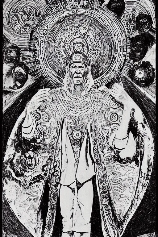 Prompt: an incredible and hilarious jean giraud portrait of timothy leary in the style of a renaissance masters portrait, mystical and new age symbolism, tibetan book of the dead