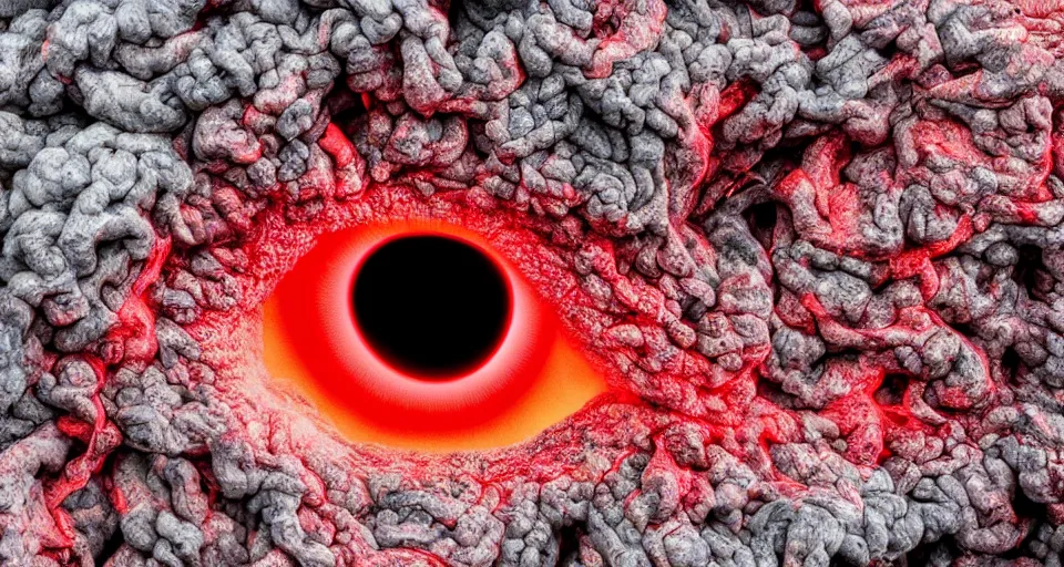 Image similar to a volcano made of ivory vines and crimson rocks enters in eruption, it spits a smoke in the shape of demonic eye, with Cry engine