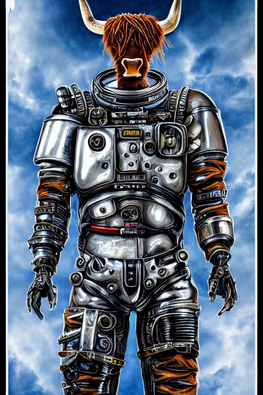 Prompt: a portrait of a muscular anthropomorphic cyberpunk highland cattle space mechanic in spacesuit armor with ensignia on chest plate by sandra chevrier, by jon foster, detailed render, pistol in holster, tape deck, epic composition, cybernetics, 4 k realistic, cryengine, realistic shaded lighting, sharp focus, masterpiece, by enki bilal