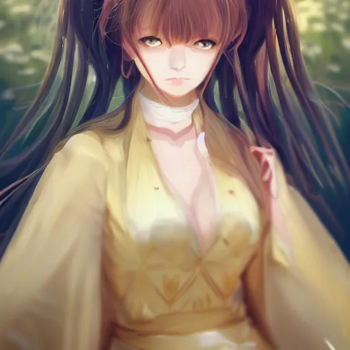 Image similar to portrait of an anime girl in white and golden clothes , digital painting , artstation , gorgeous , cute , beautiful , elegant , devian art , 4k , HD