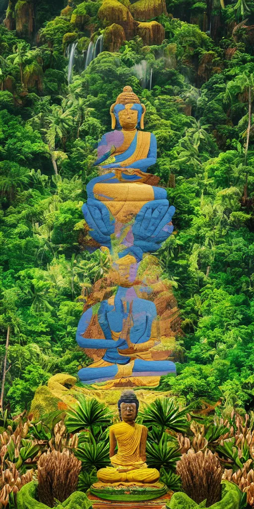 Prompt: a dreamy image of the one thousand arm buddha of compassion meditating in a lush jurassic landscape, 4 k, hyper realistic, in he style of national geographic, coherent design, symmetrical, vivid colour, complementary colour, golden ratio, detailed, sharp lines, intricate, rainbow shift, in unreal 3 d engine, ray tracing, octane render