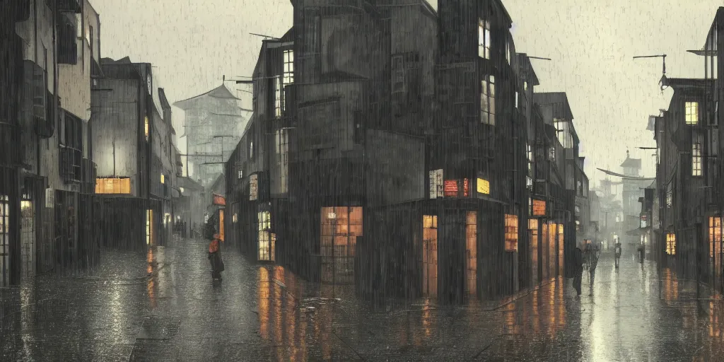 Image similar to a typical japanese city street in the rain, vermeer painting, dark academia aesthetic, matte painting, photorealistic, grey overcast day