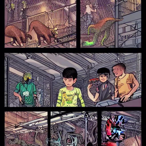 Image similar to intricate detailed comic panel illustration of cyborg punk street kids with a pet dinosaur in a warehouse rave, no speech bubbles, dystopian, cyberpunk, full-color