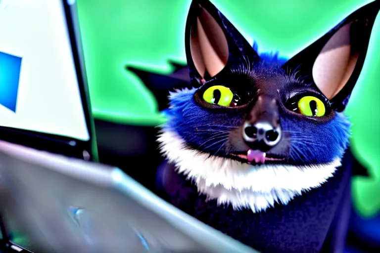 Image similar to a blue - and - black male catbat fursona with blue / green heterochromatic eyes and huge bat ears, photo of the catbat streaming on his computer