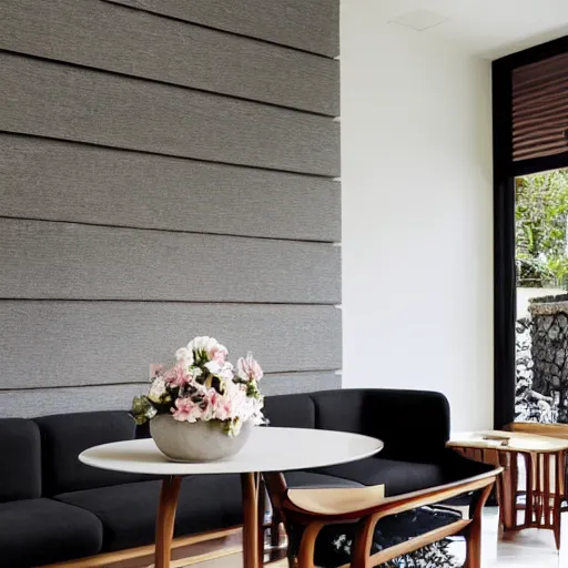 Image similar to lounge and dining room, stone, interior design, stylish luxury hotel living room design, yakisugi, black vertical slatted timber, textures, feminine, black walls, art, Japanese pottery vase with flowers, kakejiku, seasonal, Japanese influences