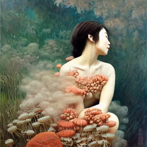 Prompt: a sculpture portrait of a beautiful young japanese girl made of smoke mushrooms and coral reefs and crystals and plants, muted cold colors, painting part by wojciech siudmak, part by ilya repin, part by norman rockwell, artstation