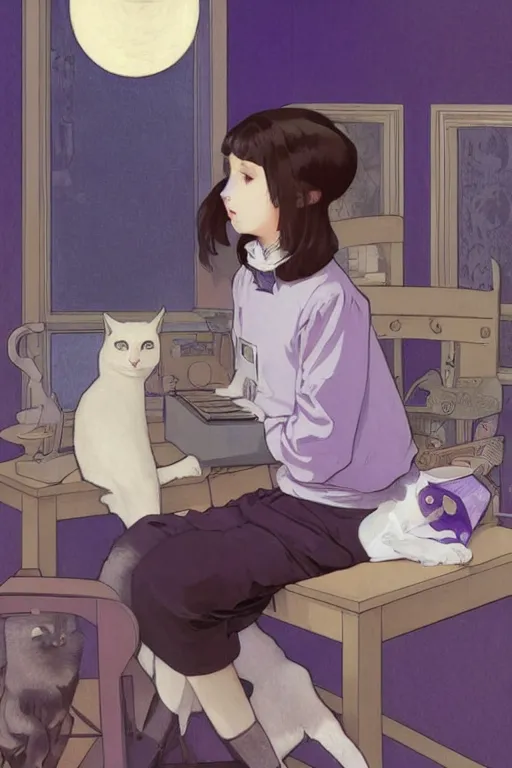 Prompt: a girl playing with a cat A comfortable study room at night,purple and blue colour ,geometric shapes,S line,hard edges,by mucha and krenz cushart ,jk uniform ,Hairdryer