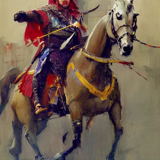 Image similar to portrait of colorful rider holding jousting lance, caparisons, chainmail, by greg manchess, bernie fuchs, ruan jia, walter everett