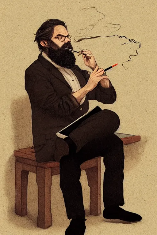 Image similar to portrait of a middle - aged writer with a beard, he is smoking a cigarette, style of greg rutkowski