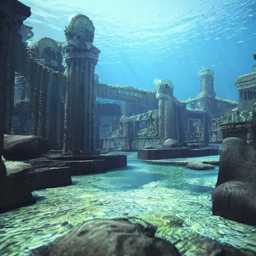 Image similar to the lost city of atlantis, ray traced, unreal engine, underwater, ruins, beautiful