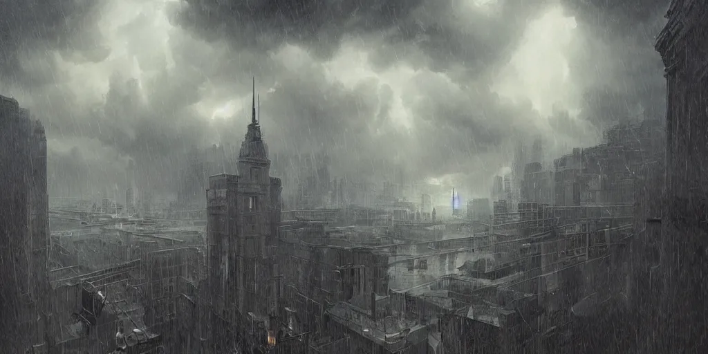 Image similar to centered photograph of severe weather storms above an Beautiful Orwellian City, architecture, detailed textures, hyper realistic, cinematic lighting, urban art style, climate change, digital art painting by greg rutkowski, cinematic, concept art, 35mm grain filter