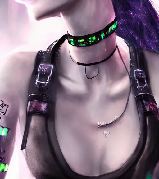 Image similar to detailed realistic female character cyberpunk wearing thick large collar around neck, realistic, art, beautiful, 4K, collar, choker, collar around neck, punk, artstation, detailed, female, woman, choker, cyberpunk, neon, punk, collar, choker, collar around neck, thick collar, tight around neck, punk,