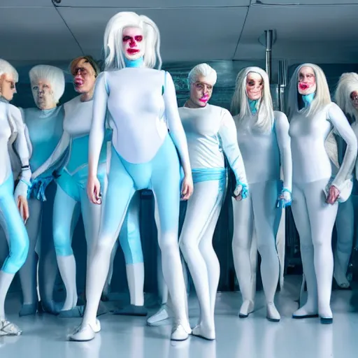 Image similar to troop of freak show women with white hair, white hair, tight light blue neopren suits, futuristic production facility, sci - fi, highly detailed, cinematic