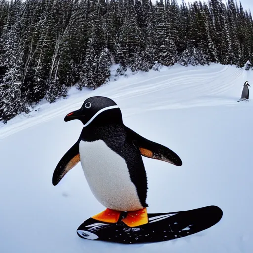 Image similar to ultrawide angle photograph of a snowboarding penguin, extremely detailed. the very detailed penguin is wearing a helmet and snowgoggles. the snowboard he is riding is red and made by burton, 8 k