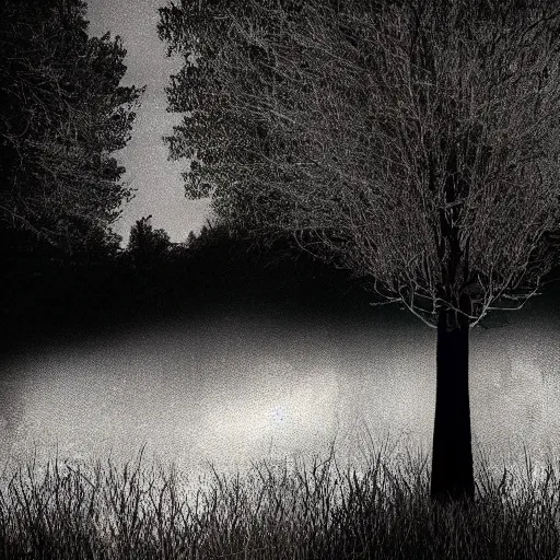 Image similar to a dark creepy man with bright eyes hiding behind a tree in the woods at night staring