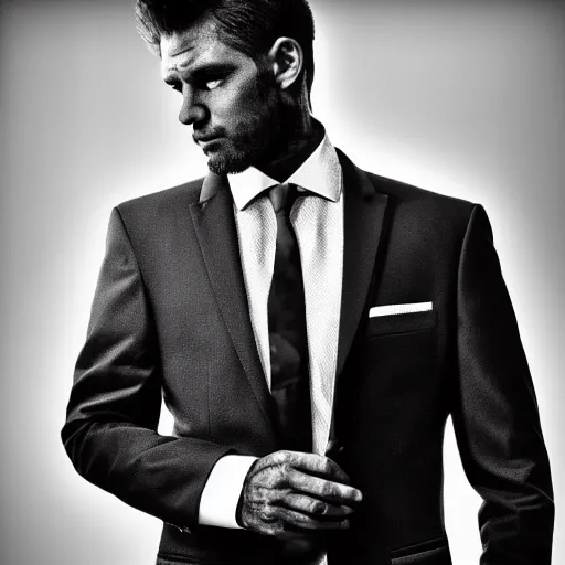 Image similar to full shot photograph of a black suit with a black shirt and silver tie, silver tie, with a silver tie and black shirt photorealistic photograph cinematic lighting intricate detailed 8 k resolution