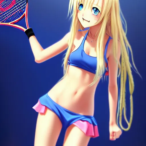 Prompt: a very beautiful young anime tennis girl, full body, long dreadlocks blond hair, sky blue eyes, full round face, short smile, bikini, miniskirt, highly detailed, cinematic wallpaper by stanley artgerm lau