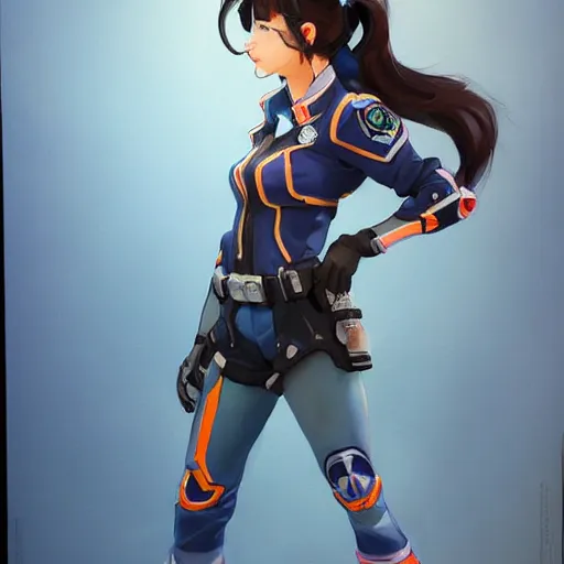 Image similar to Stunning Portrait of D.VA from Overwatch wearing a police uniform by Kim Jung Gi, holding handcuffs in one hand Blizzard Concept Art Studio Ghibli. oil paint. 4k. by brom, Pixiv cute anime girl wearing police gear by Ross Tran, Greg Rutkowski--cfg_scale 12