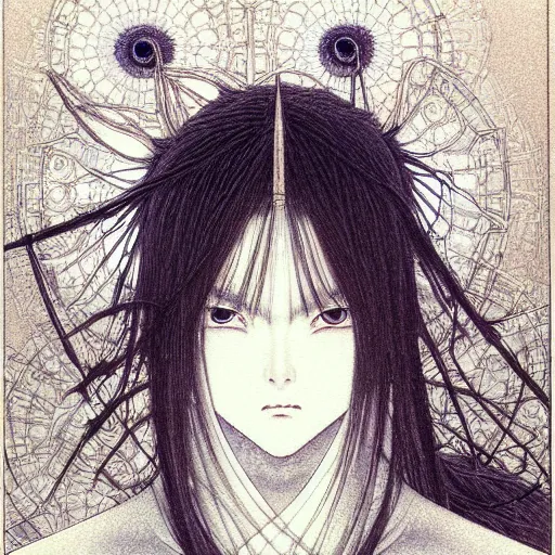 Image similar to prompt: Fragile looking vessel portrait soft light drawn by Takato Yamamoto, inspired by Fables, weapons around the face, ancient dark chrome knight armor, magical and alchemical objects on the side, soft light, white background, intricate detail, intricate oil painting detail, sharp high detail, manga and anime 2000