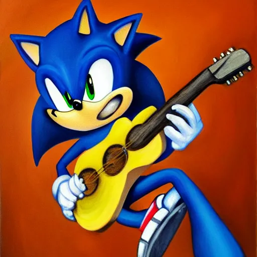 Prompt: oil painting of a sonic plays guitar