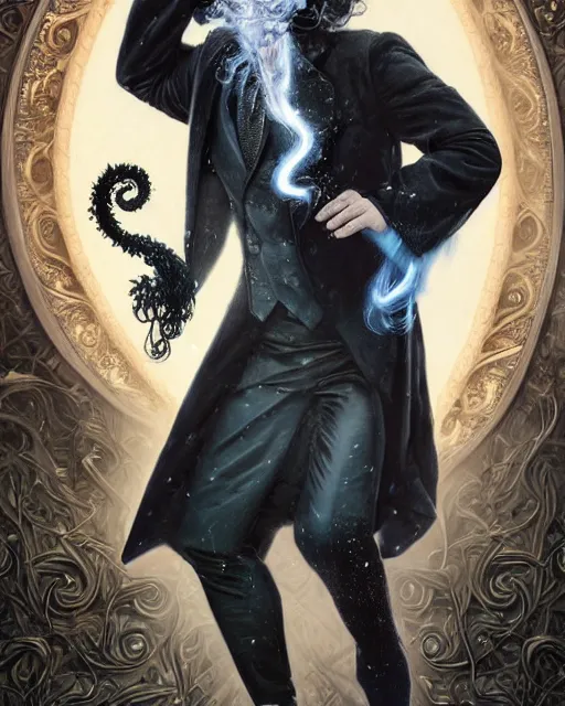 Image similar to a highly detailed portrait of devious male magician radiating a powerful energy aura, ornate back tuxedo, wispy tendrils of smoke, swirling vortex of energy, performance art, intricate, digital painting, old english, raining, sepia, particles floating, whimsical background by marc simonetti, digital art by artgerm and greg rutkowski and alphonse mucha